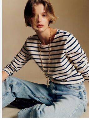 Sezane Colette Striped Long-Sleeve Marinière in Cream and Blue